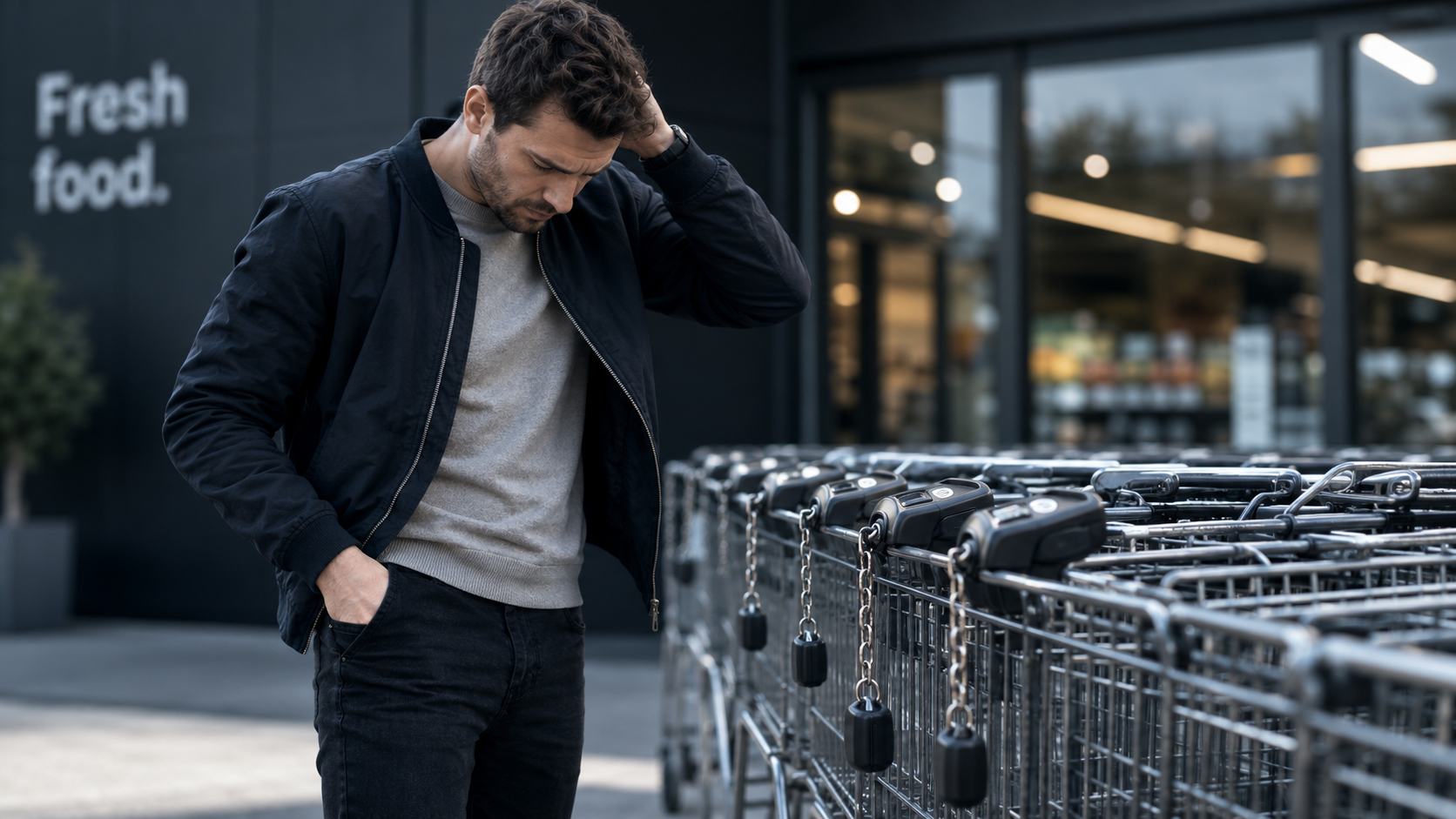 Frustrated shopper at a row of chained supermarket carts