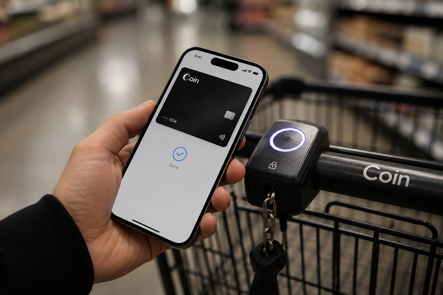 Paying with Coin in Apple Wallet at a supermarket cart